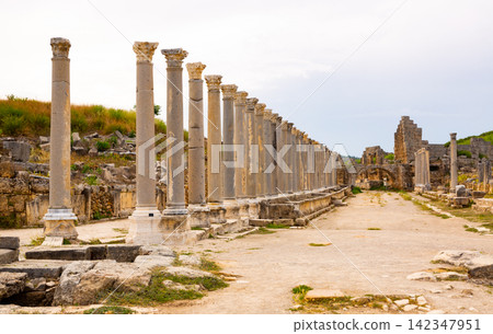 Columned west street in Perge Ancient City Columned west street in Perge Ancient City 142347951