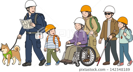 Evacuation drill illustrations for diverse groups of people, including people with disabilities, the elderly, and socially vulnerable groups. Evacuation drill illustrations for diverse groups of people, including people with disabilities, the elderly, and socially vulnerable groups. 142348189