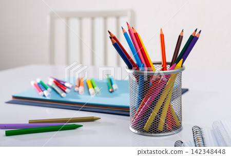 Pencils with paper on student table Pencils with paper on student table 142348448
