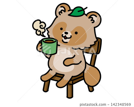 A raccoon sitting in a chair and drinking coffee. A raccoon sitting in a chair and drinking coffee. 142348569