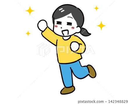 A full-body illustration of a young woman with a joyful and happy expression. 142348829