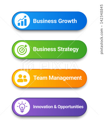 Business banner set featuring growth, strategy, team management, innovation, colorful gradient panels, modern icons, corporate design, and professional vector infographic style. 142348845