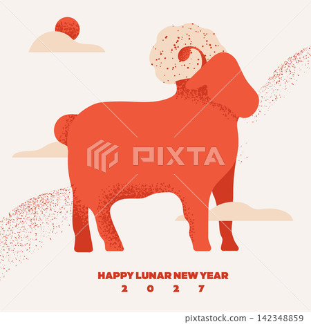 Happy Lunar New Year 2027 Year of the Sheep Ram Illustration Minimal Textured Greeting Card Design 142348859