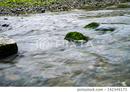 水景:清澈的溪流潺潺流水,岩石上覆蓋著充滿活力的苔蘚。 水景:清澈的溪流潺潺流水,岩石上覆蓋著充滿活力的苔蘚。 142349173