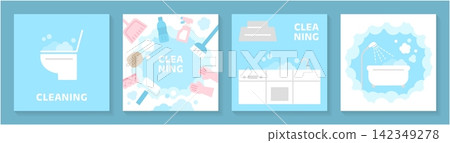 A set of four illustrations depicting cleaning scenes in the toilet, bathroom, and kitchen, drawn in light blue pastel. A set of four illustrations depicting cleaning scenes in the toilet, bathroom, and kitchen, drawn in light blue pastel. 142349278