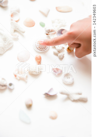貝殼、海玻璃和孩子的手 貝殼、海玻璃和孩子的手 142349603