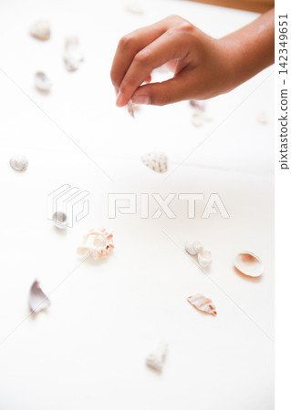 一隻孩子的手和一個貝殼 一隻孩子的手和一個貝殼 142349651
