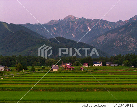 Mount Goryu in Hakuba Village, Nagano Prefecture, on a summer morning (aerial photograph taken by drone) Mount Goryu in Hakuba Village, Nagano Prefecture, on a summer morning (aerial photograph taken by drone) 142349911