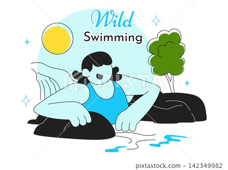 Wild Swimming Vector Illustration Featuring Outdoor Adventure, Natural Waterfall, Mountain Lake, Refreshing Summer Activity and Leisure Lifestyle Wild Swimming Vector Illustration Featuring Outdoor Adventure, Natural Waterfall, Mountain Lake, Refreshing Summer Activity and Leisure Lifestyle 142349982