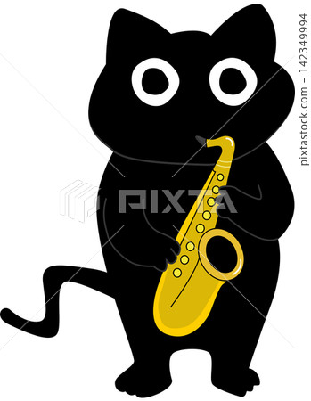 Cartoon Black Cat Playing Saxophone Cartoon Black Cat Playing Saxophone 142349994