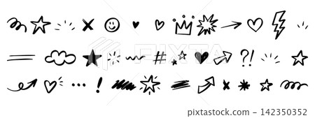 Hand drawn doodle element collection with stars hearts arrows crown smiley face and scribble lines isolated on white background Hand drawn doodle element collection with stars hearts arrows crown smiley face and scribble lines isolated on white background 142350352