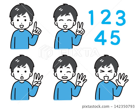一位身著休閒服的年輕男子麵帶微笑,用手比劃著數字 1 到 5。 一位身著休閒服的年輕男子麵帶微笑,用手比劃著數字 1 到 5。 142350793