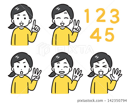 A smiling young woman in casual clothes making hand signs for 1 through 5. A smiling young woman in casual clothes making hand signs for 1 through 5. 142350794
