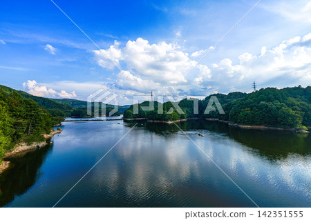 Clouds floating in the summer sky and the vast surface of the lake; Nunome Dam; 16mm; Copy space above; Horizontal composition; Blue sky on the left; Suitable for B0 poster. Clouds floating in the summer sky and the vast surface of the lake; Nunome Dam; 16mm; Copy space above; Horizontal composition; Blue sky on the left; Suitable for B0 poster. 142351555