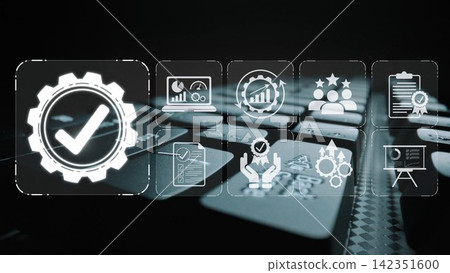Visual representation of success in a digital environment, featuring a checkmark and various icons symbolizing teamwork, analytics, and project management on a sleek keyboard background. Sigmoid Visual representation of success in a digital environment, featuring a checkmark and various icons symbolizing teamwork, analytics, and project management on a sleek keyboard background. Sigmoid 142351600