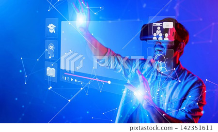 Man Engaging with Virtual Reality Technology while Interacting with Digital Icons in a Blue and Purple Setting Representing Innovative Learning Experiences. Raster Man Engaging with Virtual Reality Technology while Interacting with Digital Icons in a Blue and Purple Setting Representing Innovative Learning Experiences. Raster 142351611
