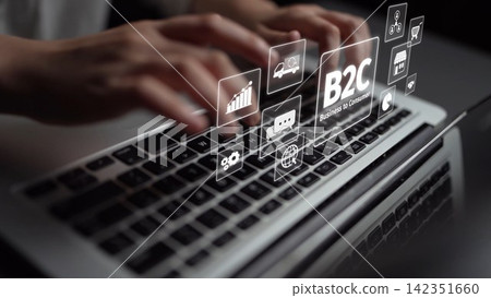B2C Business Model with Consumer Delivery, Retail, and Growth Icons Muxer 142351660