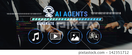 Futuristic Concept of AI Agents in Business Environment with Digital Interface and Icons Representing Various Media Types Fluxor Futuristic Concept of AI Agents in Business Environment with Digital Interface and Icons Representing Various Media Types Fluxor 142351712
