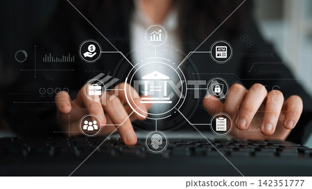 Professional financial services concept with digital banking icons, charts, security features, and currency symbols on a modern computer interface. Entropy 142351777
