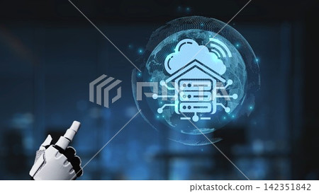 Futuristic Hand of Robot Interacting with Cloud Technology and Data Visualization in an Office Environment Synapse Futuristic Hand of Robot Interacting with Cloud Technology and Data Visualization in an Office Environment Synapse 142351842