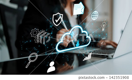 Modern Businesswoman Engaging with Cloud Technology and Digital Icons on Laptop in Contemporary Office Setting. Entropy Modern Businesswoman Engaging with Cloud Technology and Digital Icons on Laptop in Contemporary Office Setting. Entropy 142351908