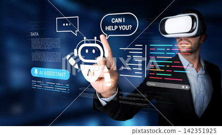 Futuristic Virtual Reality Interaction with AI Assistant and Data Visualizations in a Modern Technology Environment Gluon Futuristic Virtual Reality Interaction with AI Assistant and Data Visualizations in a Modern Technology Environment Gluon 142351925