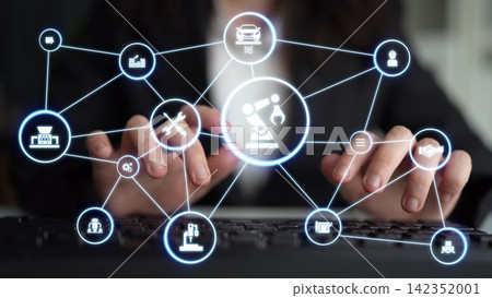 Mechanized industry automation with robotic arms, gears and production line icons Funnel Mechanized industry automation with robotic arms, gears and production line icons Funnel 142352001