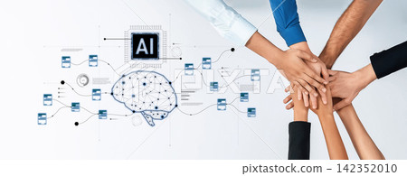 Hands Together with AI Concept Visualizing Collaboration and Technology in a Modern Workspace with Digital Elements and Brain Graphics Trope 142352010