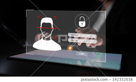 Abstract Digital Interface Showing Facial Recognition Technology with Login Screen and Security Features on Tablet Device in Dark Setting Cyphers. Abstract Digital Interface Showing Facial Recognition Technology with Login Screen and Security Features on Tablet Device in Dark Setting Cyphers. 142352016