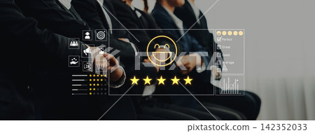 Business professionals engage in a feedback session with positive ratings and smiley icons, emphasizing satisfaction in a corporate environment Trope Business professionals engage in a feedback session with positive ratings and smiley icons, emphasizing satisfaction in a corporate environment Trope 142352033