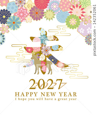 2027羊年新年賀卡模板，採用日式花卉圖案。 142352061