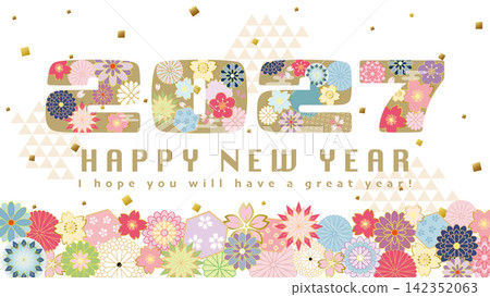 2027 New Year's greeting card background with Japanese-style floral lettering (16:9 aspect ratio) 2027 New Year's greeting card background with Japanese-style floral lettering (16:9 aspect ratio) 142352063
