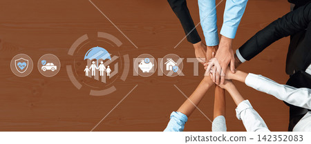 Collaborative Teamwork and Support Symbols Representing Protection, Community, Growth, and Stability in Business and Personal Connections. Glyphic 142352083