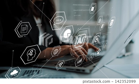 Modern Business Professional Using Laptop with AI and Technology Symbol Graphics for Innovative Solutions in a Corporate Environment Gluon Modern Business Professional Using Laptop with AI and Technology Symbol Graphics for Innovative Solutions in a Corporate Environment Gluon 142352099