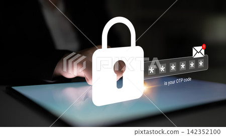 Secure digital authentication process with a focus on a lock icon and mobile device displaying an OTP code notification for enhanced privacy and security Gantry Secure digital authentication process with a focus on a lock icon and mobile device displaying an OTP code notification for enhanced privacy and security Gantry 142352100