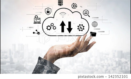 Innovative cloud computing concept with hand holding icons representing data transfer, technology, and digital solutions against a city skyline background. Entropy Innovative cloud computing concept with hand holding icons representing data transfer, technology, and digital solutions against a city skyline background. Entropy 142352101