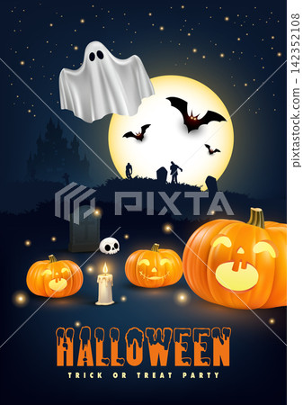 Halloween Trick or Treat Party Illustration Spooky Pumpkins Ghost Bats Haunted Castle Halloween Trick or Treat Party Illustration Spooky Pumpkins Ghost Bats Haunted Castle 142352108