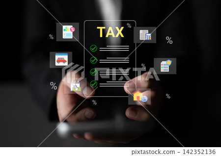 Professional Businessman Holding Mobile Device Displaying Digital Tax Document with Checkmarks and Icons Representing Financial Services and Taxation Process Cyphers. Professional Businessman Holding Mobile Device Displaying Digital Tax Document with Checkmarks and Icons Representing Financial Services and Taxation Process Cyphers. 142352136
