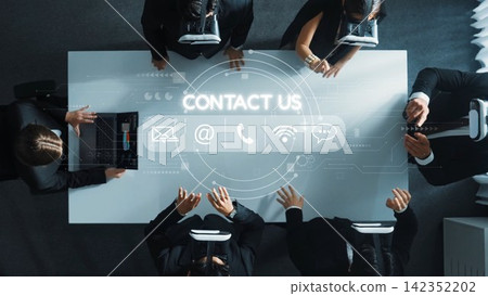 Business Team in Virtual Reality Meeting Discussing Communication Options with Modern Technology in a Professional Environment. Raster Business Team in Virtual Reality Meeting Discussing Communication Options with Modern Technology in a Professional Environment. Raster 142352202