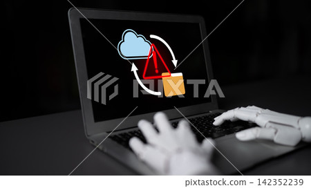 Futuristic robotic hand interacting with a laptop displaying cloud computing warning and data transfer symbols emphasizing technology and cybersecurity risks Gantry Futuristic robotic hand interacting with a laptop displaying cloud computing warning and data transfer symbols emphasizing technology and cybersecurity risks Gantry 142352239