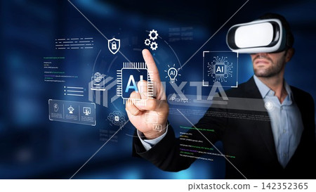 Modern businessman using virtual reality technology to interact with advanced artificial intelligence applications in a futuristic digital environment Gluon Modern businessman using virtual reality technology to interact with advanced artificial intelligence applications in a futuristic digital environment Gluon 142352365