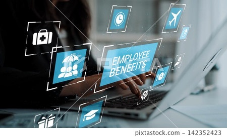 Modern Digital Interface Showcasing Employee Benefits with Various Icons Representing Healthcare, Education, and Travel on a Laptop Screen Gluon Modern Digital Interface Showcasing Employee Benefits with Various Icons Representing Healthcare, Education, and Travel on a Laptop Screen Gluon 142352423