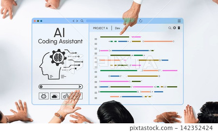 Interactive Workspace Featuring AI Coding Assistant Interface with Diverse Hands Engaging in Collaborative Programming Session and Focused Teamwork on Innovative Software Development. Entropy 142352424