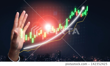 Business Person Analyzing Stock Market Growth with Hand Gesture and Candlestick Chart on Dark City Skyline Background at Night Copula Business Person Analyzing Stock Market Growth with Hand Gesture and Candlestick Chart on Dark City Skyline Background at Night Copula 142352425