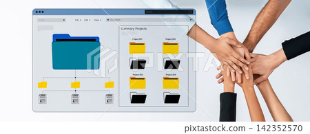 Collaborative Teamwork in Digital Project Management with Hands Together, Technology Interface Showing File Organization and Project Summary. Bitwise Collaborative Teamwork in Digital Project Management with Hands Together, Technology Interface Showing File Organization and Project Summary. Bitwise 142352570
