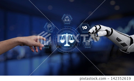 Human and Robot Interaction in Legal Technology with Scales of Justice Symbolizing Ethics and AI Integration in Law Sector Synapse Human and Robot Interaction in Legal Technology with Scales of Justice Symbolizing Ethics and AI Integration in Law Sector Synapse 142352619
