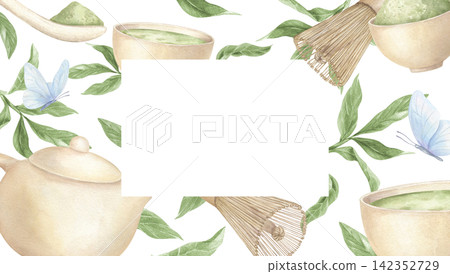 Watercolor matcha tea rectangle border on isolated background. Teapot, bowls, bamboo whisk, green leaves, and blue butterflies frame. Natural wellness and Japanese tea ceremony concept. 142352729