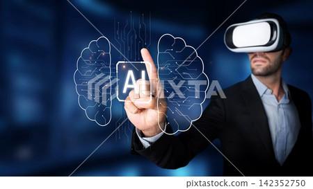 A businessman interacts with virtual reality using a VR headset, exploring artificial intelligence concepts and futuristic technology in a modern digital landscape. Raster A businessman interacts with virtual reality using a VR headset, exploring artificial intelligence concepts and futuristic technology in a modern digital landscape. Raster 142352750