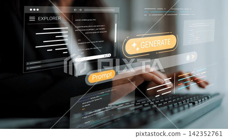 Professional office scene with hands typing on keyboard and digital interface displaying commands, buttons, and prompts for innovative technology concept Gluon Professional office scene with hands typing on keyboard and digital interface displaying commands, buttons, and prompts for innovative technology concept Gluon 142352761