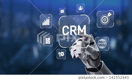 Futuristic robotic hand interacting with icons representing customer relationship management in a modern digital workspace Synapse 142352843